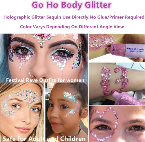 Vista 6 de Go Ho Gel de purpurina corporal rosa y 2 aretes de corazón para mujer, brillantes holográficos y lentejuelas gruesas con purpurina y aretes