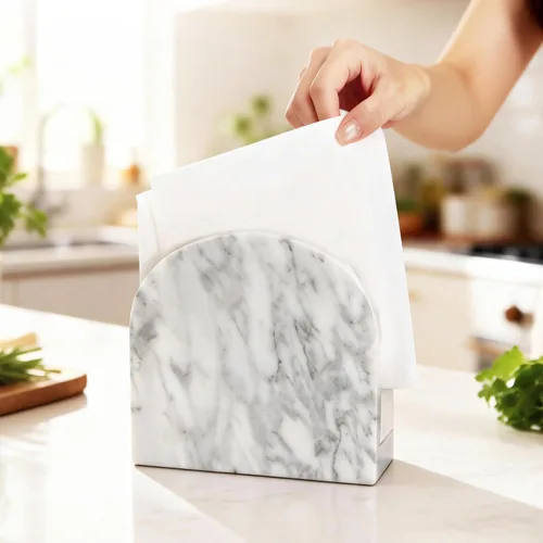 Vista 3 de Servilletero de mármol para mesa, servilleteros verticales con textura única de mármol, dispensador de servilletas de pie para cocina, comedor