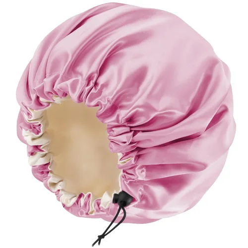 Vista 21 de Gorro de seda de satén para cabello rizado, gorro trenzado para dormir, para mujer, grande, doble capa ajustable (2 unidades, negro) Double Layer