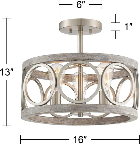 Vista 4 de Franklin Iron Works Salima - Lámpara de techo industrial rústica de 16 pulgadas de ancho, 3 luces con acabado de madera gris níquel cepillado