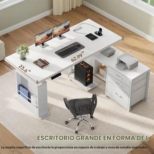 Vista 3 de Escritorio eléctrico en forma de L de 63 pulgadas con 3 cajones, mesa de computadora de almacenamiento, altura ajustable con tomas de corriente, 4