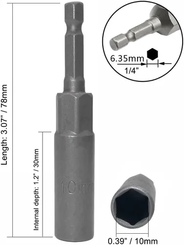 Vista 3 de Llave de vaso de 1/4 de pulgada con vástago hexagonal profunda, adaptador de llave eléctrica, herramienta de taladro de tuerca, 2 piezas (0.394 in)