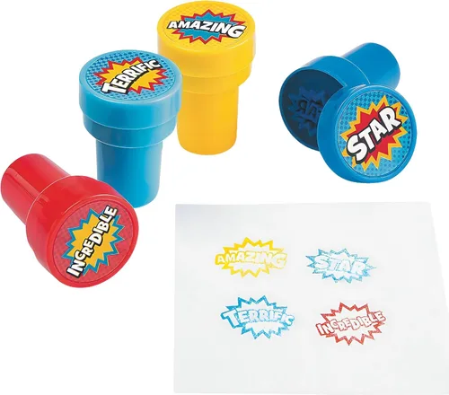 Vista 2 de Fun Express Sellos de plástico autoentintados con efecto de sonido de superhéroes, regalos de fiesta de cumpleaños de superhéroes, recuerdos