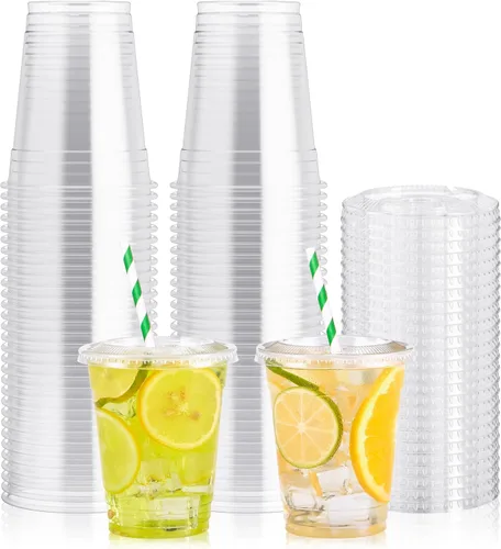 Vista 10 de Paquete de 100 vasos de plástico transparente de 12 onzas con tapas de cúpula, tazas desechables de parfait de postre para helado, bebidas de café