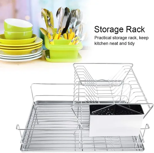 Vista 3 de Escurridor de platos, escurridor de platos de 2 niveles con escurridor, escurridor de platos de acero inoxidable con soporte para cubiertos