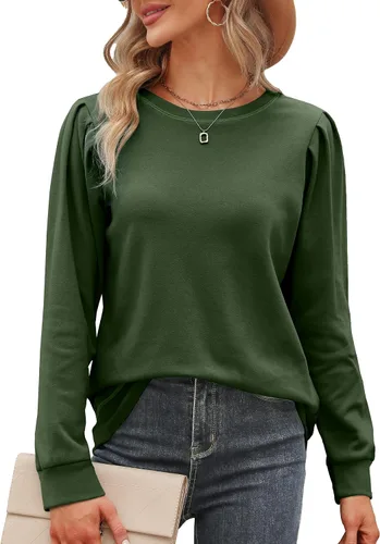 Vista 2 de Geifa Sudaderas para mujer, cuello redondo, manga abombada, suéteres ligeros, a la moda 2023