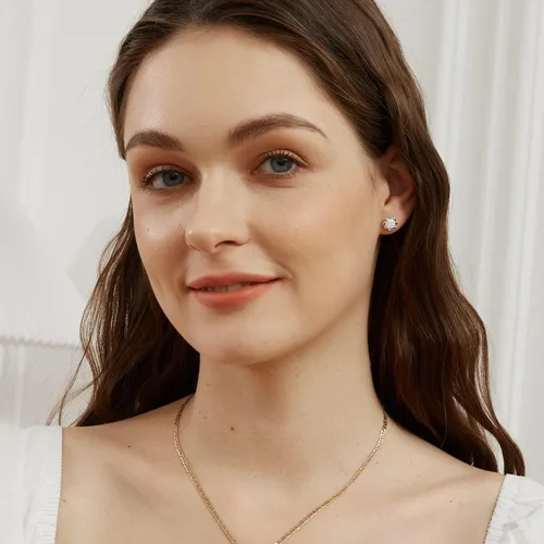 Vista 2 de Pendientes de tuerca chapados en oro blanco con ópalo de flores hipoalergénicos, regalo de joyería para mujer, Latón Gema, Piedra natal de ópalo
