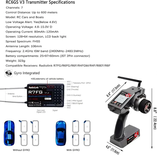 Vista 5 de HTLNUZD Radiolink RC6GS V3 - Transmisor RC de 7 canales de 2.4 GHz, con R7FG Gyro RX Volt Telemetría Receptor Integrado Controlador Programable Dual