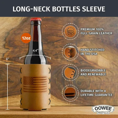 Vista 2 de Oowee - Fundas de cuero genuino para botellas, se adapta a botellas de cerveza de cuello largo de 12 onzas, soporte para botellas o abrazaderas