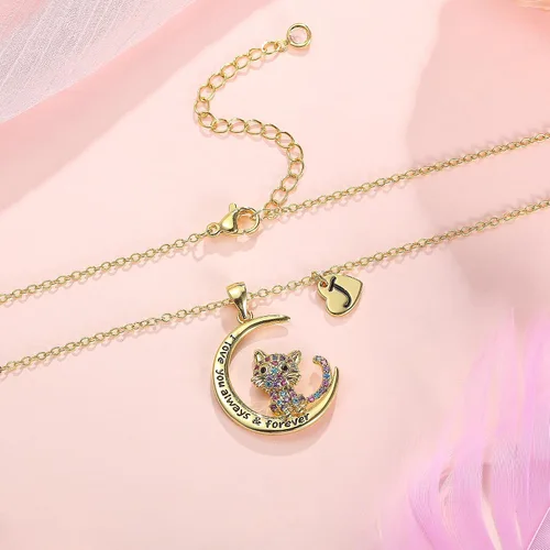 Vista 6 de IEFWELL Regalos de gatos para amantes de los gatos, collar de gato chapado en oro de 16 quilates con circonita cúbica colorida, collar con inicial