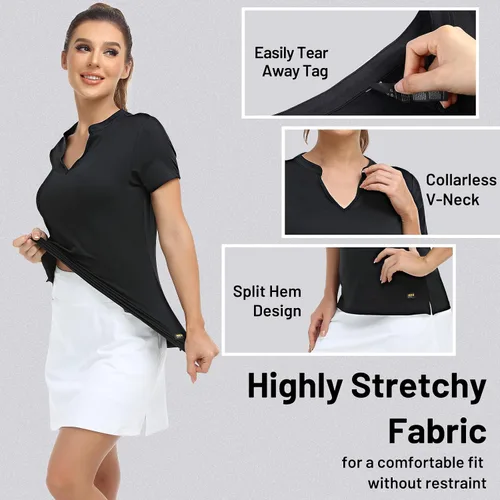 Vista 3 de MIER Women's Collarless Polo Shirt Quick Dry Short Sleeve Golf Shirt for Tennis, Athletic, Lightweight V Neck Polo Tshirts