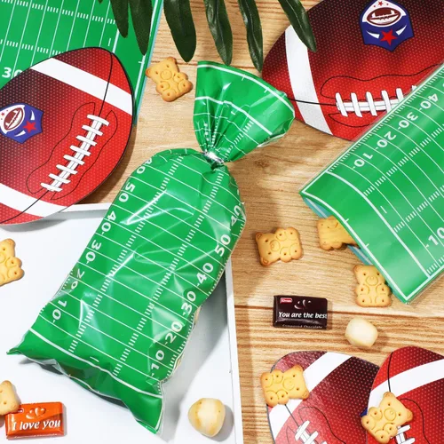 Vista 4 de Blulu 100 bolsas de golosinas de fútbol de celofán sellables con calor y lazos plateados para decoración de fiesta de cumpleaños temática de fútbol
