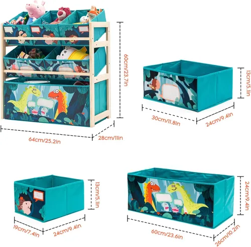 Vista 3 de Jomifin Organizador de almacenamiento de juguetes para niños con 6 cubos grandes de almacenamiento para juguetes, estante de juguetes de madera