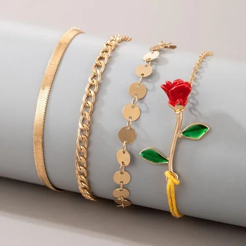 Vista 4 de Juego de 4 pulseras de cadena de eslabones de oro para mujer, pulsera pequeña con dije de corazón de amor para niñas, cadena básica, joyería