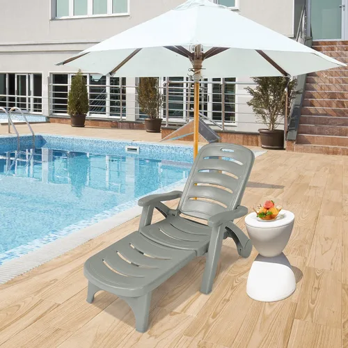 Vista 2 de Giantex Tumbona reclinable con ruedas para patio, tumbona plegable con reposabrazos, 5 posiciones ajustables para piscina, patio, jardín, tumbona