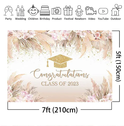 Vista 4 de Mocsicka Fondo de fiesta de graduación bohemio para clase de 2023, bohemio, elegante, rosa, flores doradas, gorra de despedida de soltero dorada