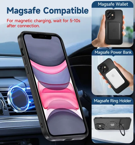 Vista 2 de MAGIC JOHN Funda para iPhone 11 [compatible con Magsafe] [con soporte de metal magnético] [a prueba de golpes de grado militar] Negro