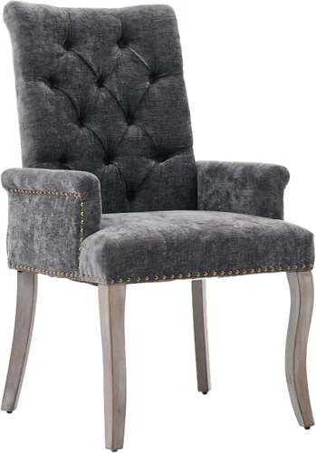 Vista 23 de Sillas de Comedor Tapizadas Acolchadas de Chenilla con Brazos y Ribete de Tachuelas – Marco y Patas de Madera Maciza, Estilo Granja Moderna
