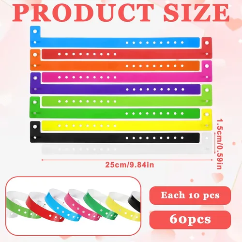 Vista 2 de 60 pulseras de plástico de vinilo, 10 colores desechables, pulseras de plástico neón para eventos, conciertos, carnavales, discotecas, bares, parques