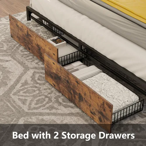Vista 4 de LIKIMIO Marco de cama King con cabecera de almacenamiento, cama de plataforma con cajones y estación de carga, no necesita somier, fácil montaje