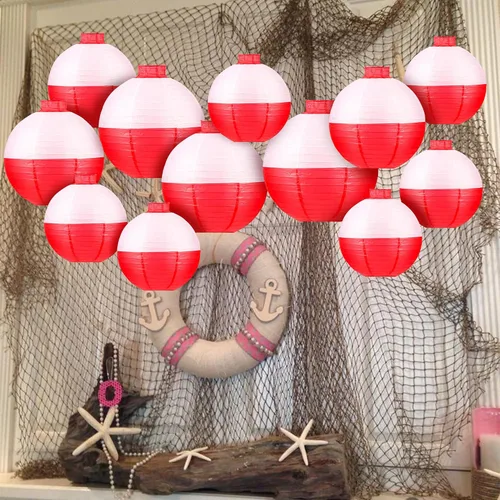 Vista 5 de Faroles de papel de pesca Bobber redondos, 12 linternas de papel colgantes rojas y blancas para pescadores, suministros de decoración de fiestas
