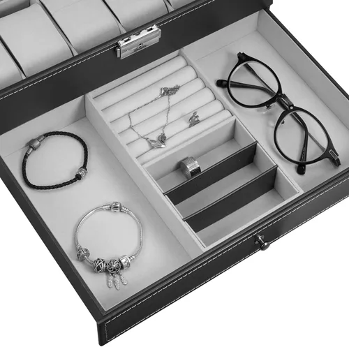 Vista 3 de Hossejoy Caja de reloj de cuero con 12 organizadores de relojes para hombre con cajón de exhibición de joyas organizador de caja de reloj
