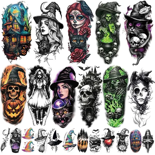 Vista 14 de 36 hojas de tatuajes temporales para hombres, mujeres y adultos, 12 hojas de gran tamaño, 3D, media manga, tatuajes falsos negros, tatuajes