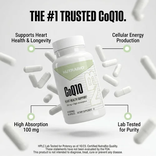 Vista 8 de NutraBio Suplemento dietético CoQ10, función cardíaca saludable y producción de energía celular, 100 mg - 60 cápsulas