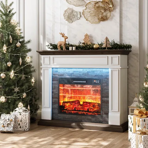 Vista 14 de Soporte de TV con chimenea de 72 pulgadas con toma de corriente y LED, chimenea eléctrica con repisa, centro de entretenimiento con almacenamiento
