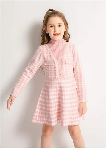 Vista 4 de SMILING PINKER Vestidos para niñas, suéter de punto de pata de gallo, vestido de invierno acampanado con cuello alto falso