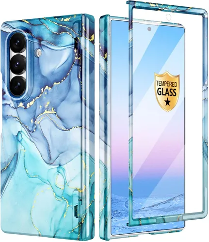 Vista 51 de Btscase Funda para Samsung Galaxy Z Fold 5, protector de pantalla frontal integrado, patrón de mármol dorado con purpurina de policarbonato duro