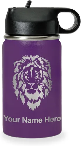 Vista 33 de LaserGram Botella de agua personalizada, cabeza de león, acero inoxidable de doble pared aislada al vacío con popote superior, regalo grabado