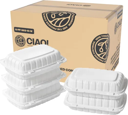 Vista 25 de CIAO! Contenedor negro con bisagras MFPP de 6"x6"x3" con tapa, 1 compartimento (caja de 300)