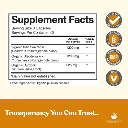 Vista 3 de American Standard Supplements Cápsulas orgánicas de musgo marino, vejiga y raíz de bardana, 1200 mg de Seamoss, 1200 mg de vejiga de vejiga, 225 mg