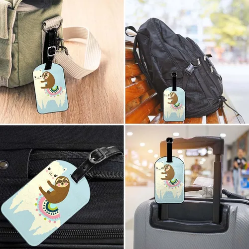 Vista 4 de Linda etiqueta de identificación de equipaje de piel con diseño de llama, diseño de perezoso perezoso de alpaca, con funda de privacidad completa