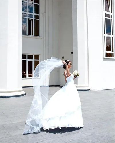 Vista 5 de Velo de boda de una sola capa Lianshi velo de novia bordado de encaje suministros de novia 9.8ft, Blanco