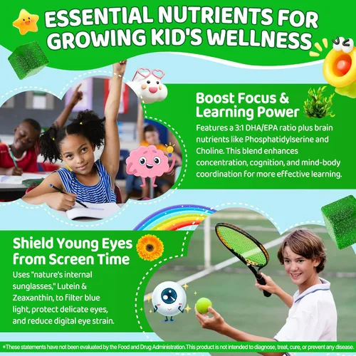 Vista 6 de Multivitaminas para niños + gomitas Super Greens para mayores de 4 años, con espirulina, clorella, espinacas, brócoli, calcio, omega-3 (DHA/EPA)