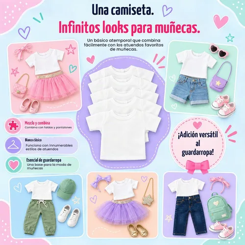Vista 7 de Emily Rose Paquete de 5 camisetas de primera calidad para muñecas de 18