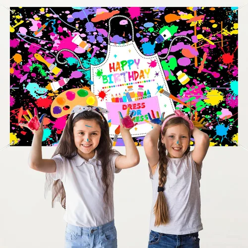 Vista 7 de Mocsicka Cartel de cumpleaños de pintura artística para niños, pintemos vestido para un lío, decoración de fiesta, telón de fondo colorido