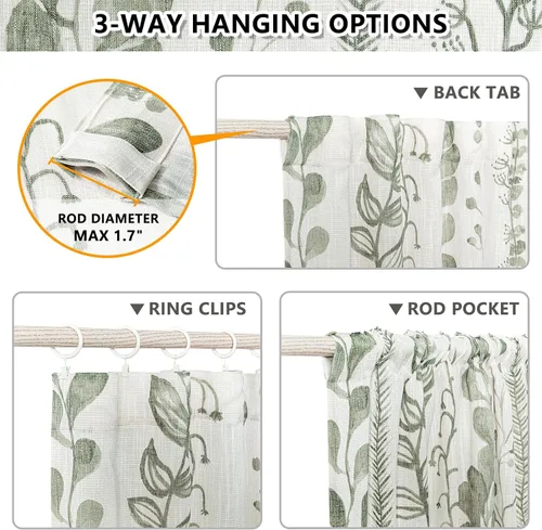 Vista 3 de MEETSKY Cortinas verde salvia de 63 pulgadas de largo, cortinas boho para sala de estar y dormitorio, cortinas semitransparentes de estilo lino