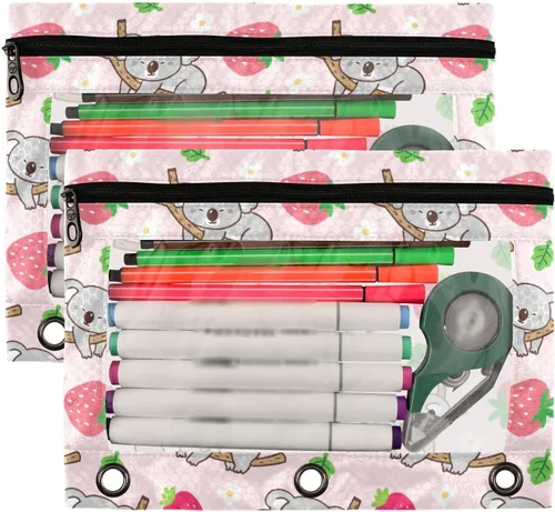 Vista 2 de Estuche para lápices para carpetas de 3 anillos con cremallera, se adapta a carpetas estándar, estuche de lápices de koala de fresa para oficina