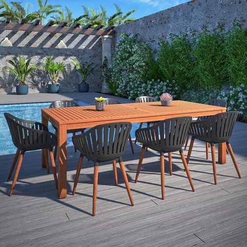 Vista 14 de Brampton Patio Brampton Venice - Juego de comedor rectangular de 7 piezas, acabado de teca oscura y sillas grises, ideal para patio y exteriores