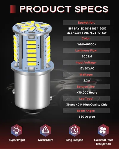 Vista 4 de Bombilla LED 1157, 12 V CC sin polaridad 7528 2357 2057 BAY15D Bombilla LED de repuesto para luz trasera de freno para automóvil, RV, remolque