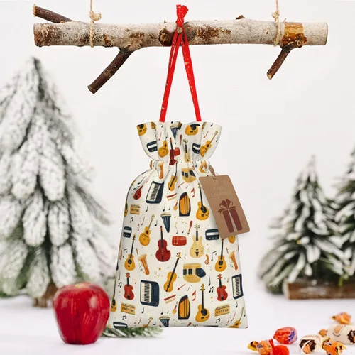 Vista 6 de Bolsas de regalo con estampado de instrumentos musicales retro, bolsas de regalo de Navidad reutilizables con cordón y etiqueta de regalo