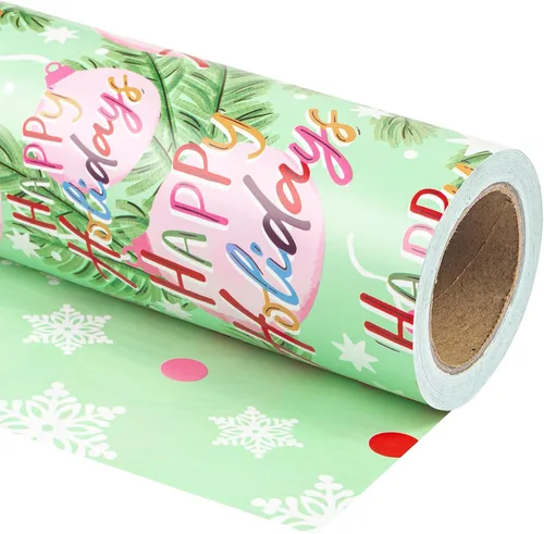 Vista 22 de WRAPAHOLIC - Papel de regalo de Navidad reversible, minirollo, 17 pulgadas x 33 pies, diseño de árbol de Navidad con letras “joy”, perfecto