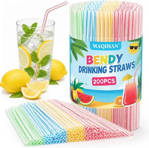 Vista 7 de 150 popotes desechables de plástico para beber, popotes flexibles, desechables, largos, coloridos, de plástico, a rayas, varios colores para uso