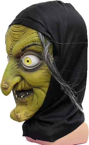 Vista 5 de Máscara de bruja de látex verde con cabello y sombrero disfraz de Halloween de terror