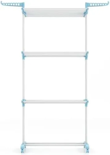 Vista 3 de Blue 4-Tier Foldable Clothes Drying Rack with Wheels, Heavy Duty Metal Laundry Hanger Stand for Indoor Outdoor Use