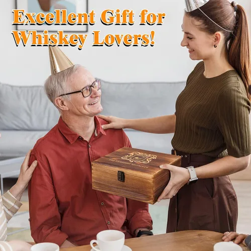 Vista 2 de Juego de vasos de whisky, juego de regalo de cumpleaños para hombre, piedras de whisky, vidrio de roca de bourbon con caja de regalo de madera