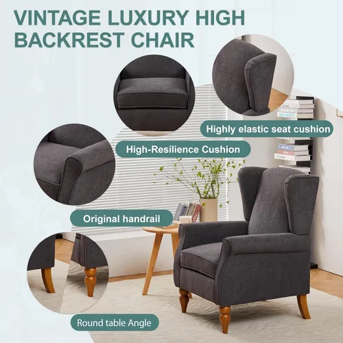 Vista 5 de Mid-Century - Silla de ala alta, moderna silla decorativa de tela con mesa auxiliar de madera maciza, sofá individual de ocio para sala de estar